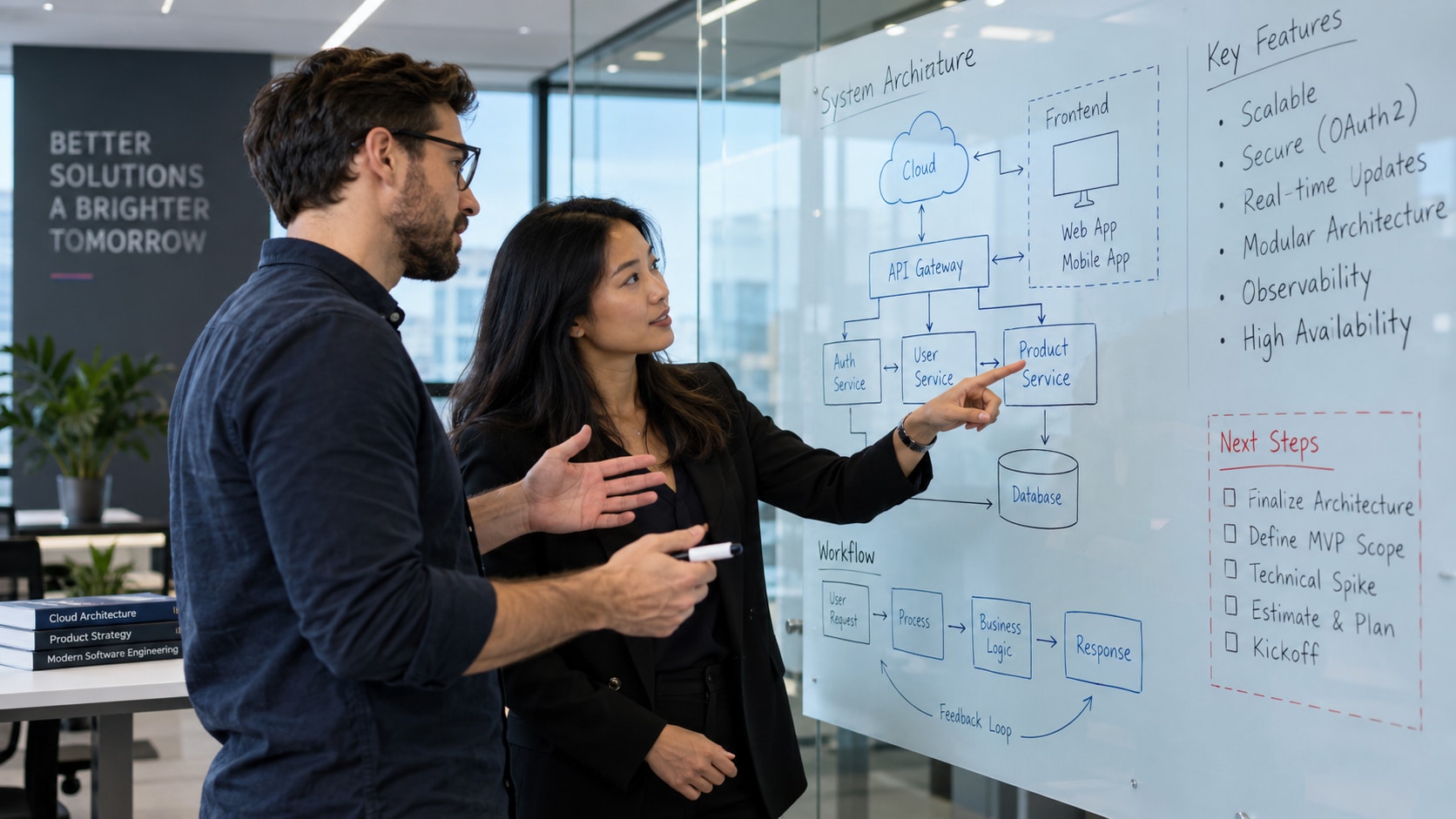 Two TalkSoon Labs engineers at a glass whiteboard sketching a system architecture diagram together