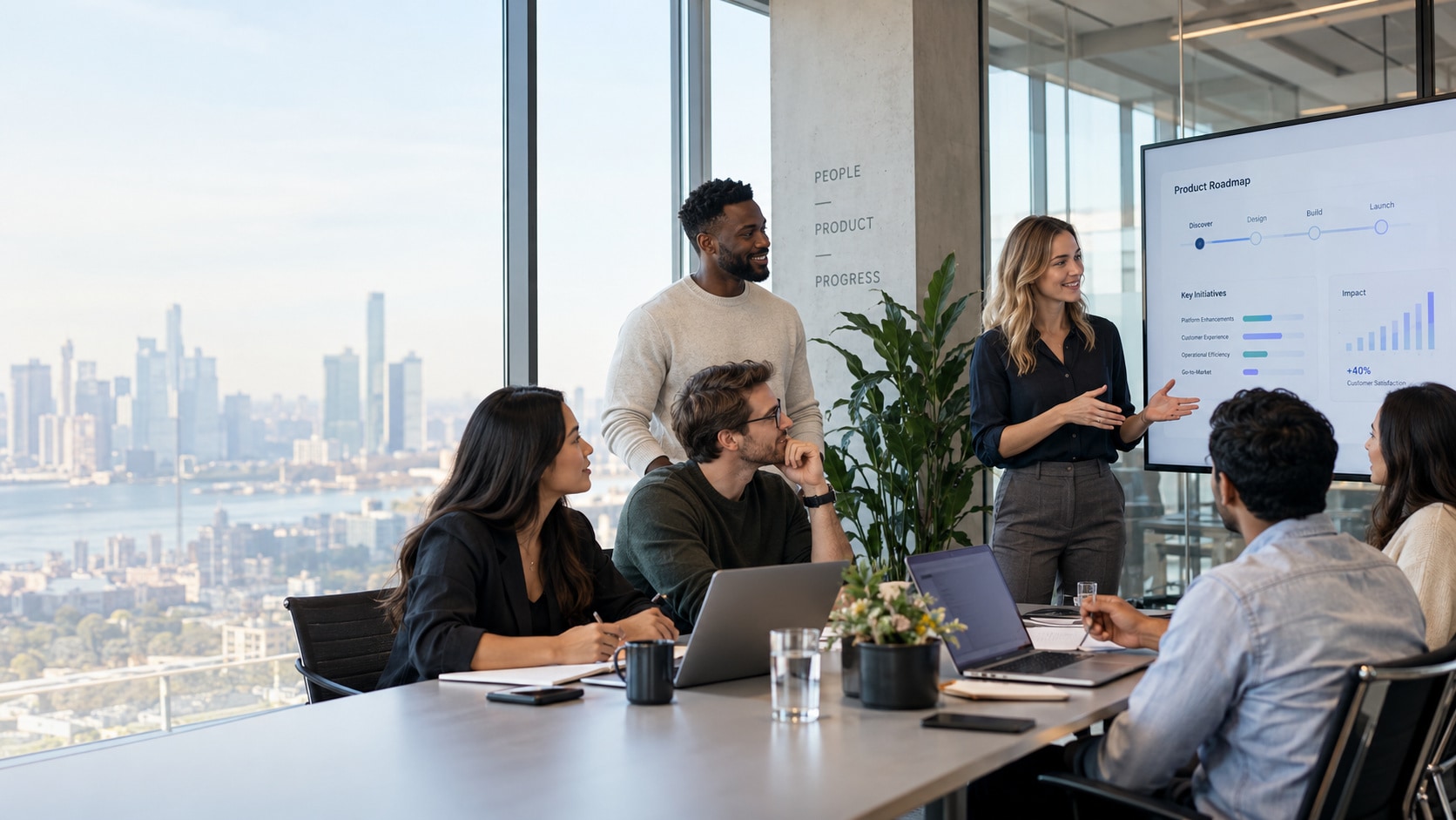 A TalkSoon Labs consultant presenting a product roadmap to a team gathered around a conference table with a city skyline in the background