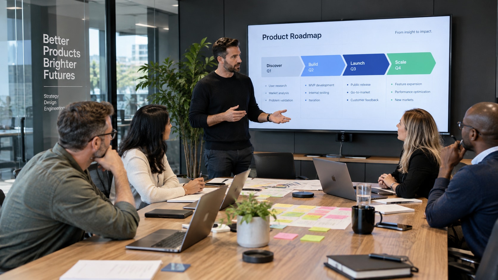 A TalkSoon Labs consultant presenting a product roadmap on a large screen to a seated group of stakeholders in a conference room